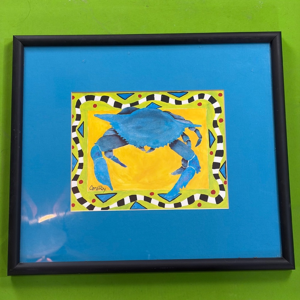 Cara Roy Signed Original Watercolor Blue Crab 16x14 Framed Florida Coastal Art